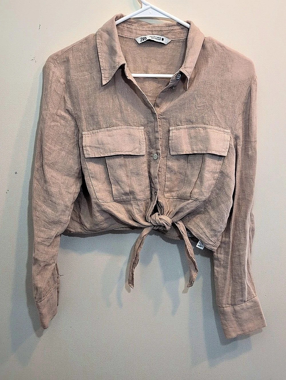 Zara Cropped Tie-Front Shirt in Sand Size Small